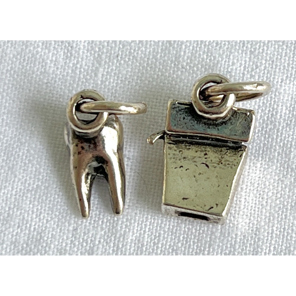 Pair of Sm. Sterling Silver 925 Tooth & Dental Floss Charms Hygenist Dentist .5" - Picture 3 of 4